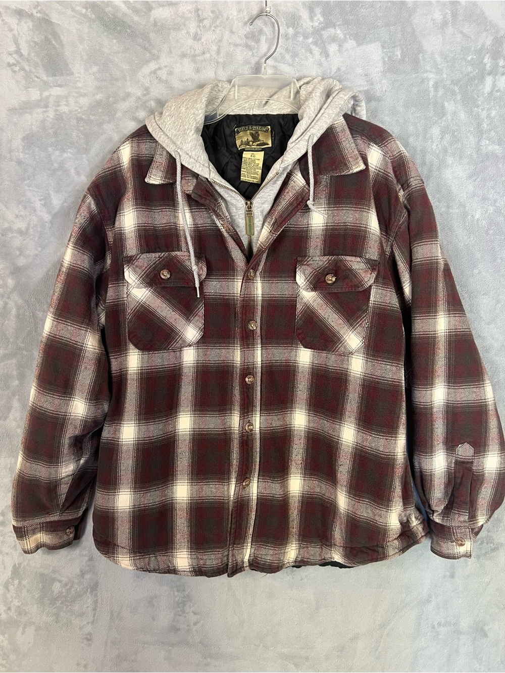 Field & Stream Men's Hooded Flannel Shirt Jacket Burgundy Plaid Quilt Lined XL